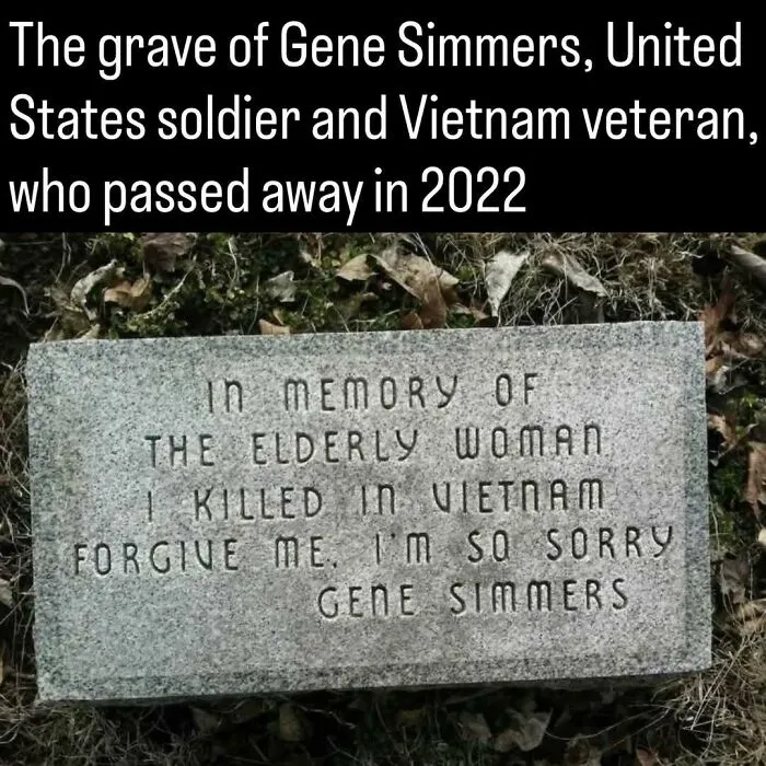The grave of Gene Simmers, showcasing remarkable photos of the past and a poignant message from Vietnam.