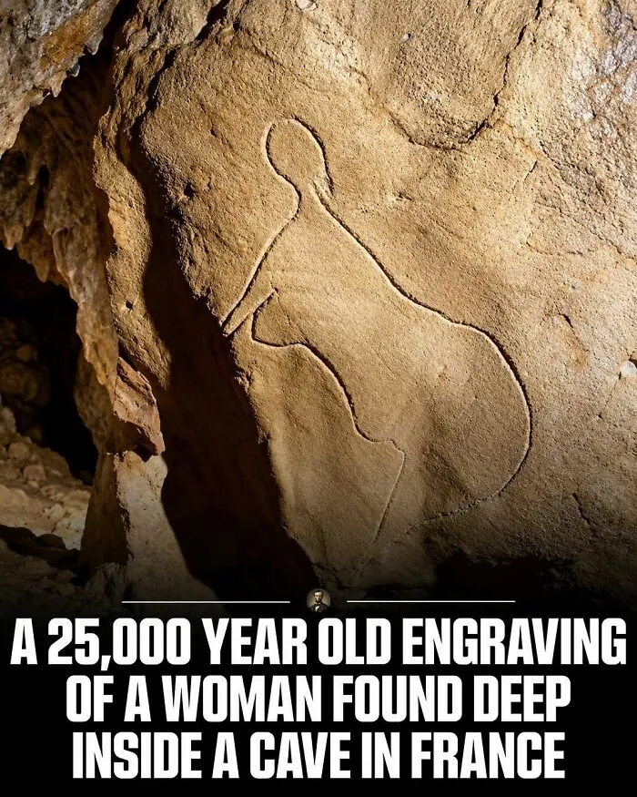 An ancient cave engraving of a woman in France, showing photos from history.