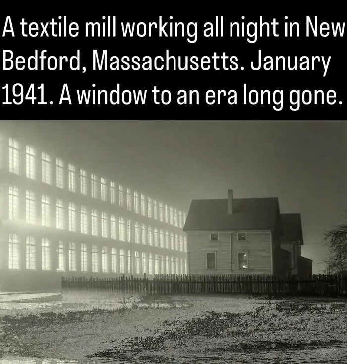 Remarkable photo from the past showing a New Bedford textile mill glowing in the night in 1941