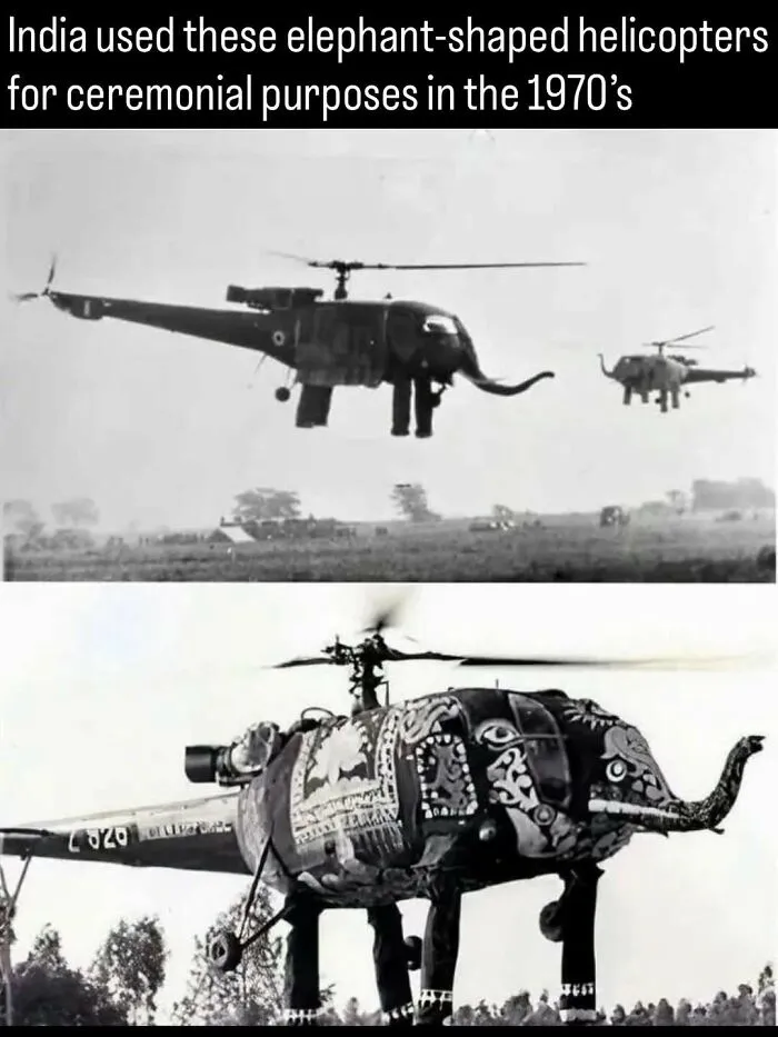 An archival black and white photograph depicting decorated Indian elephant-shaped helicopters from the 1970s.