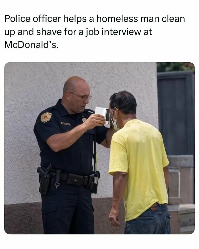Police officer assisting a man with a shave, a heartwarming moment among random finds on the internet.