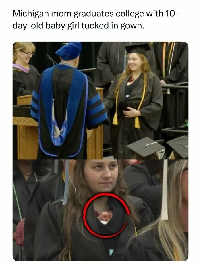 A college graduate holding her newborn baby under her gown, featuring fascinating stories from the web.