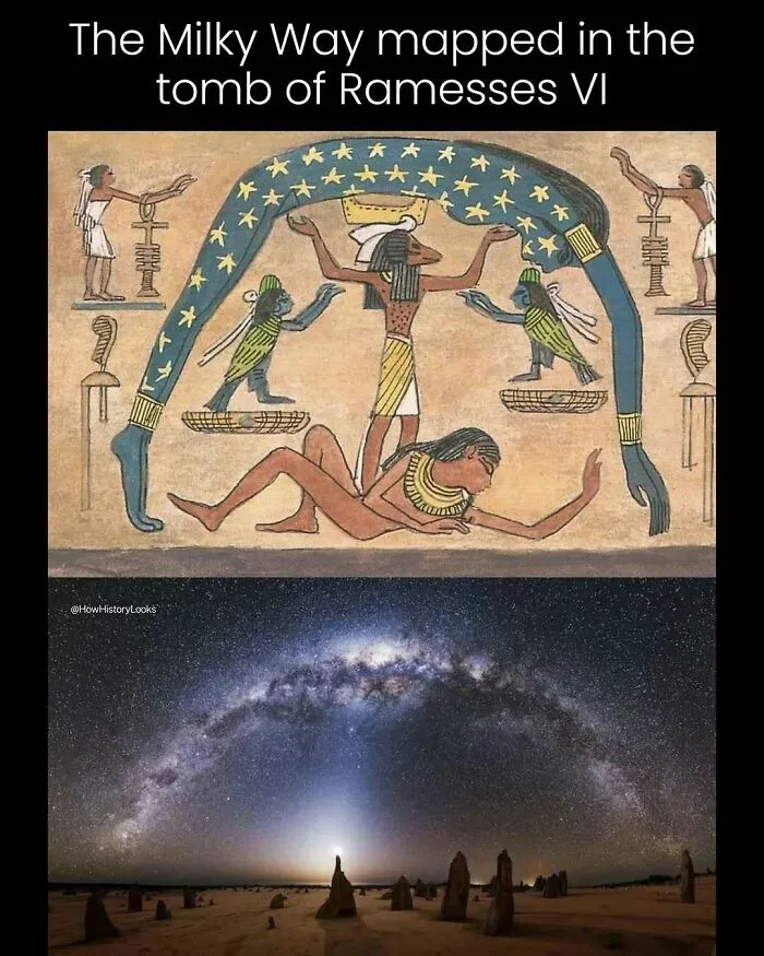 Ancient Egyptian depiction of the Milky Way compared with a real photo, showing a unique view on photos from history.