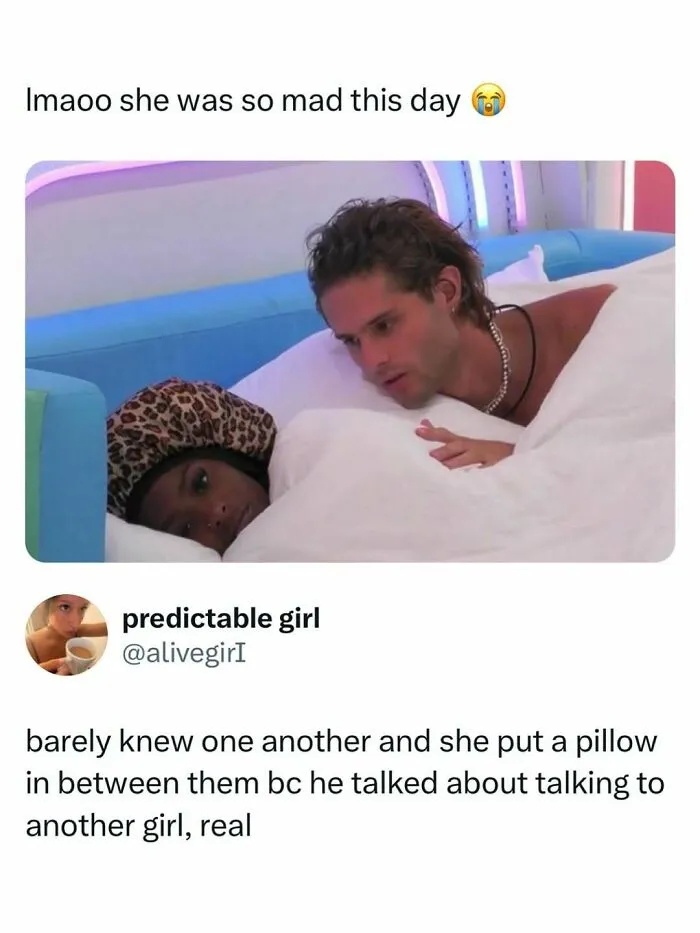Pop culture news meme showing a couple in bed from Love Island with a humorous tweet overlay.