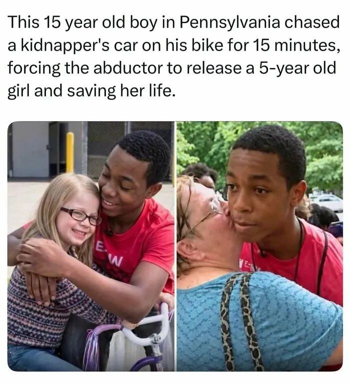 A teenage boy hugs a young girl, showcasing one of the fascinating stories of bravery from around the internet.