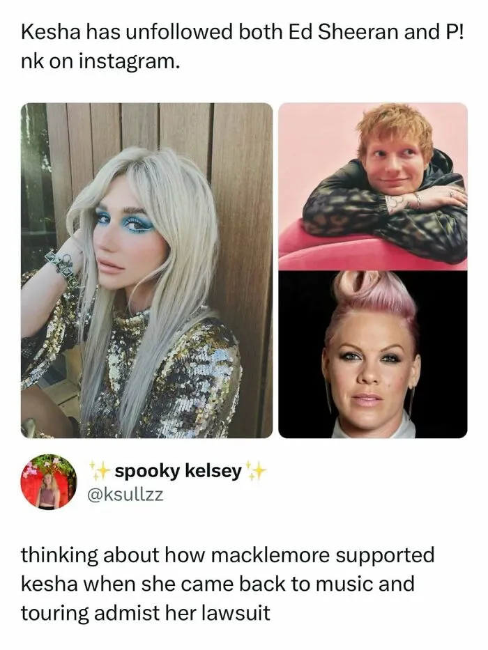 Pop culture news social post discussing Kesha unfollowing Ed Sheeran and P!nk on Instagram