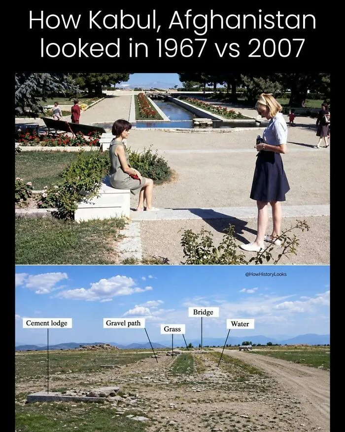 A side-by-side comparison of Kabul, Afghanistan in 1967 and 2007 showing photos from history.