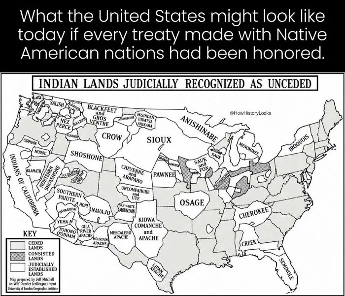 Photos from history of a map illustrating recognized unceded Native American lands.