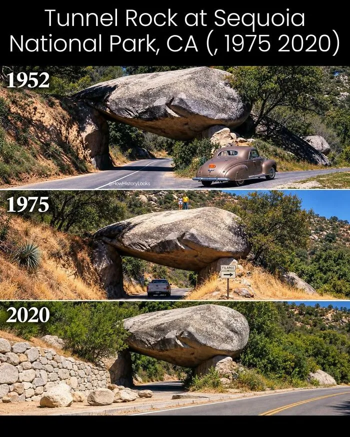Photos from history of Tunnel Rock at Sequoia National Park in 1952, 1975, and 2020.