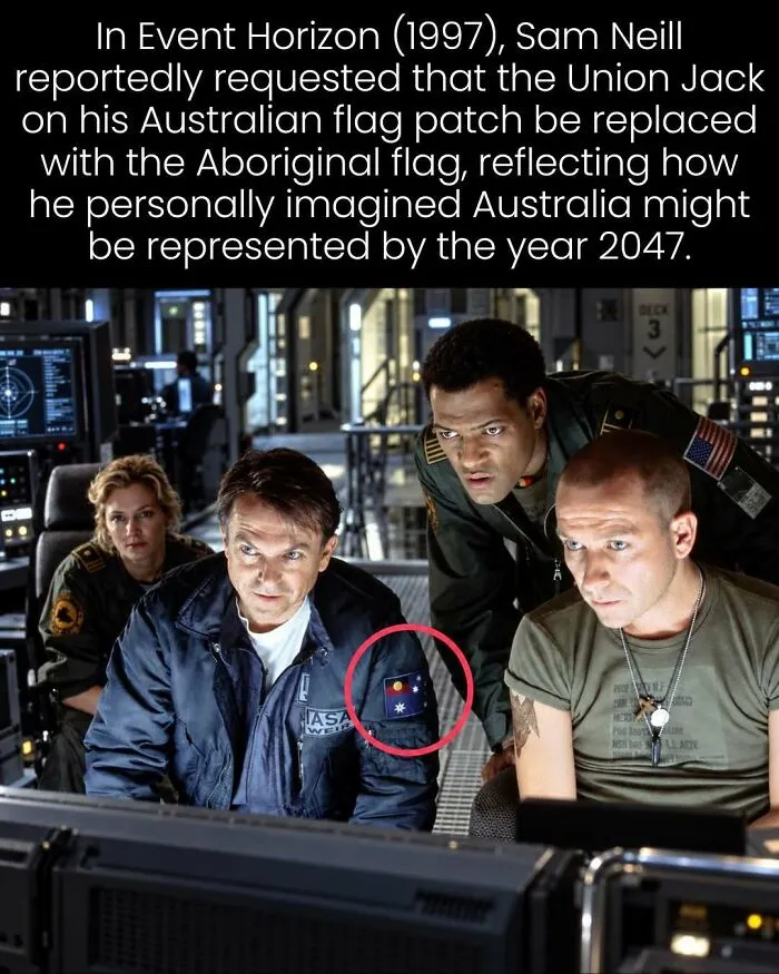 Actor Sam Neill wearing a custom flag patch in Event Horizon, illustrating interesting photos from history.