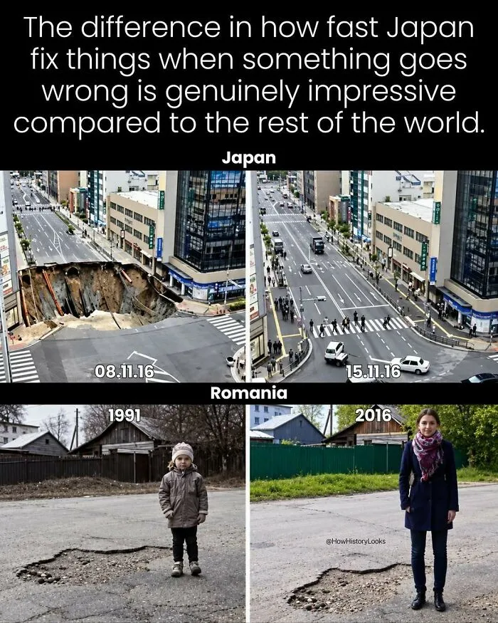 Photos from history showing a contrast in road repair speed in Japan versus Romania