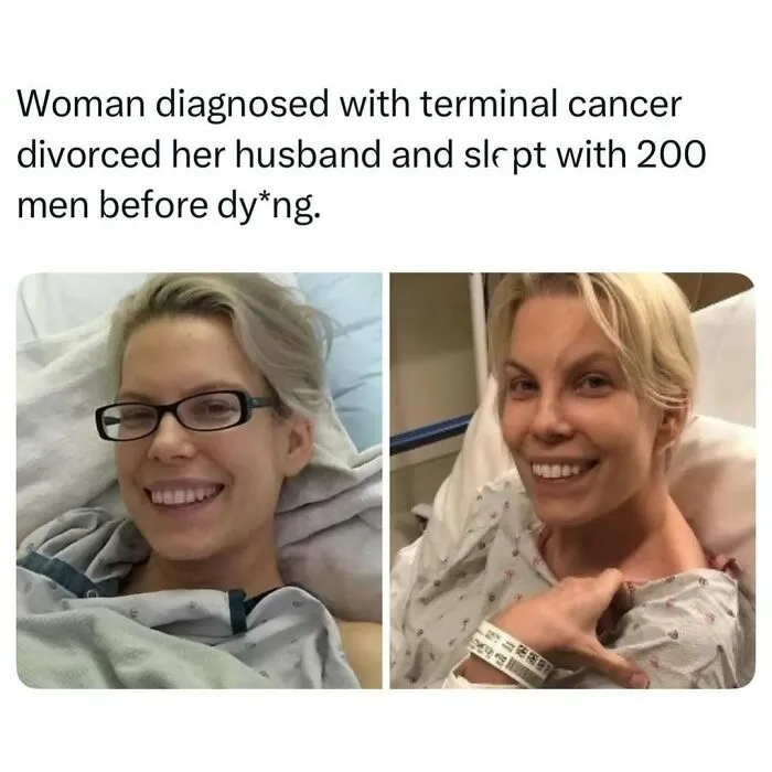 Two side-by-side photos of a smiling blonde woman in a hospital bed, featuring fascinating stories