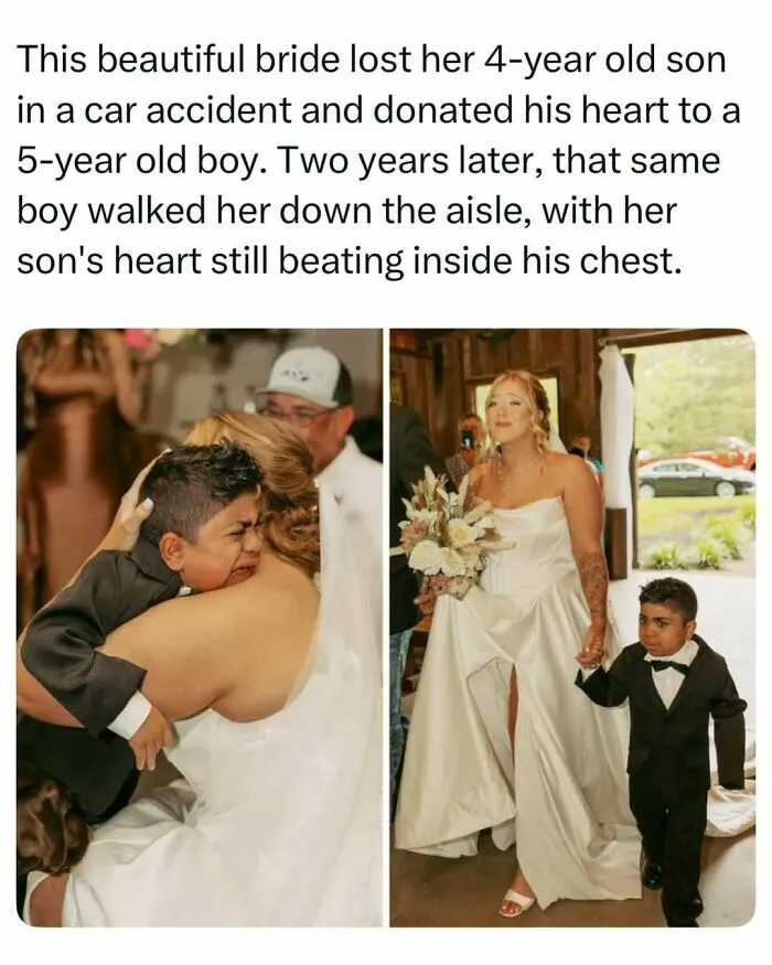 A bride hugs a young boy at her wedding, a heartwarming find in a collection of fascinating stories.