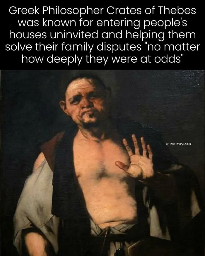 Painting of philosopher Crates of Thebes representing photos from history.