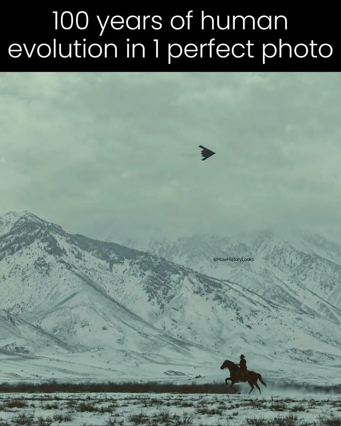 A rider on horseback below a modern aircraft, illustrating photos from history.