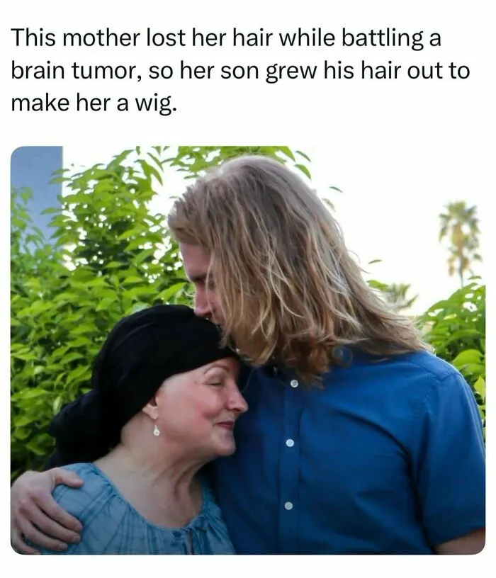 A son with long hair hugging his mother, representing heartwarming random finds from the internet.