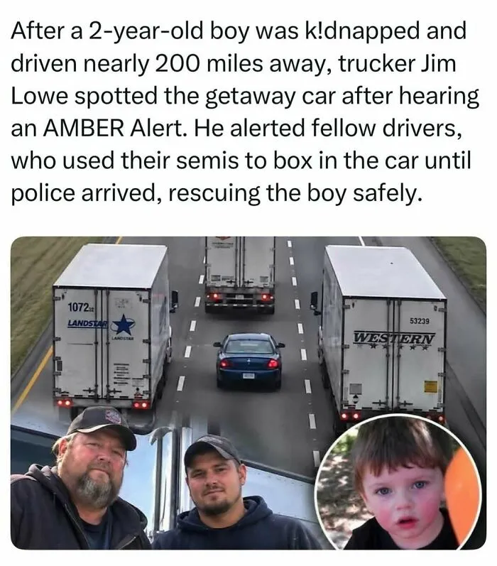 Two truck drivers and a young boy saved by an AMBER Alert, showcasing heartwarming fascinating stories online