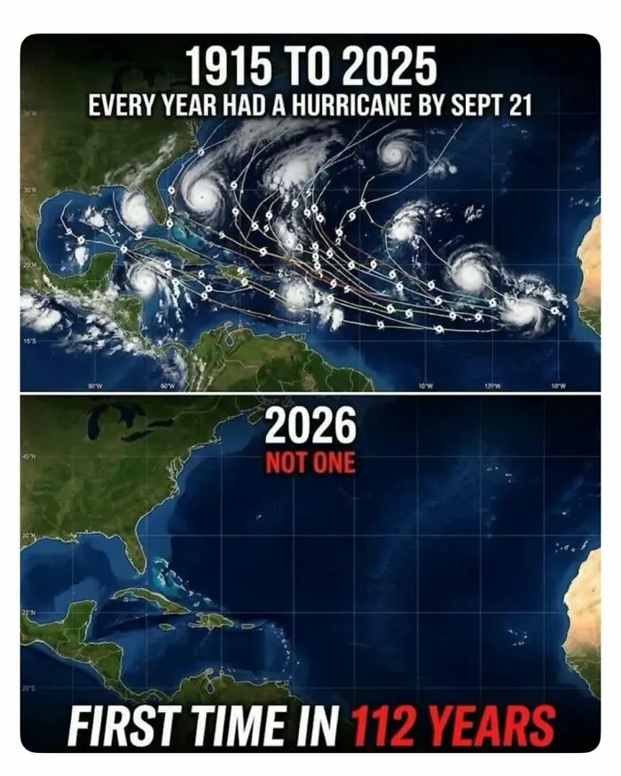 A side-by-side satellite weather comparison map of Atlantic hurricanes, a fascinating story about weather trends.