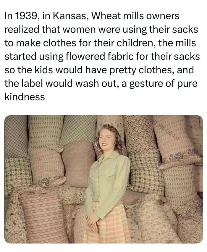 A vintage photo of a woman standing in front of patterned sacks, illustrating fascinating stories.