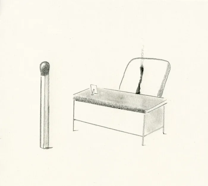 Minimalist pencil drawing of a match next to an empty desk and chair in Abstract Sunday style.