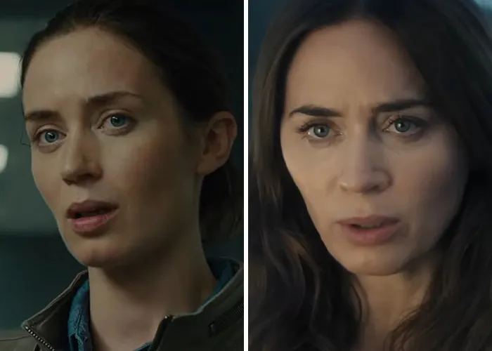 Emily Blunt looking startled, representing discussions on Hollywood's plastic surgery obsession in film