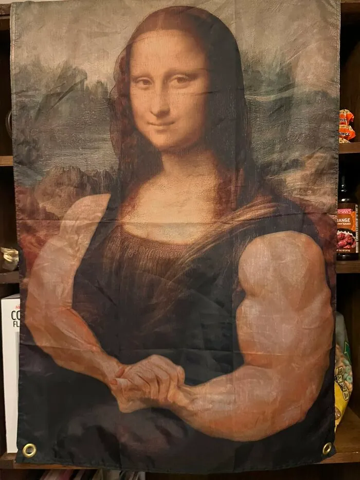 A flag depicting the Mona Lisa with muscular arms, an unhinged image.