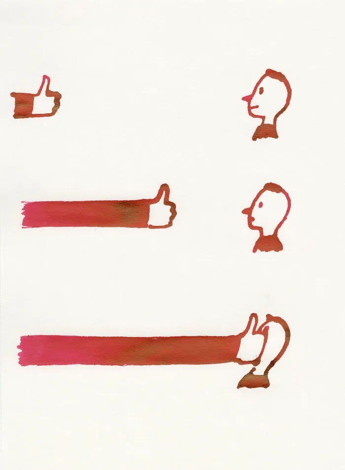 An Abstract Sunday style illustration showing thumbs-up gestures extending like stripes toward human profile drawings.