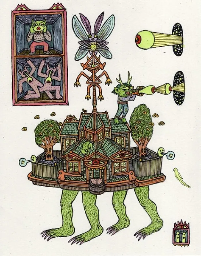 Theo Ellsworth imaginative creature house on green legs with winged figure and giant eyes