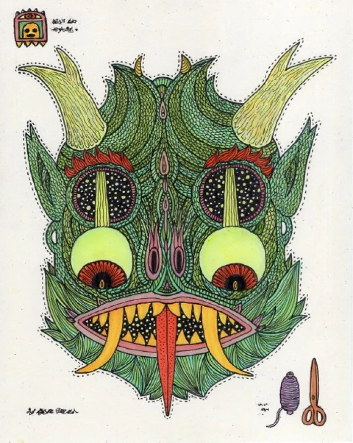Theo Ellsworth detailed green and red monstrous mask with horns and large glowing eyes