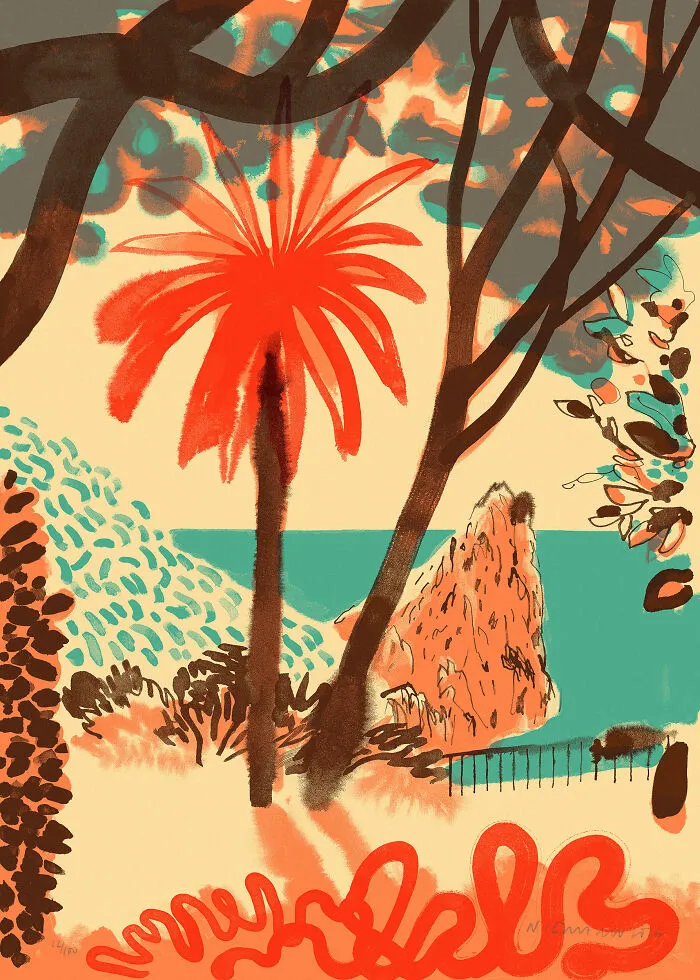 A vibrant, colorful graphic painting of a beach landscape with a palm tree, in Abstract Sunday style