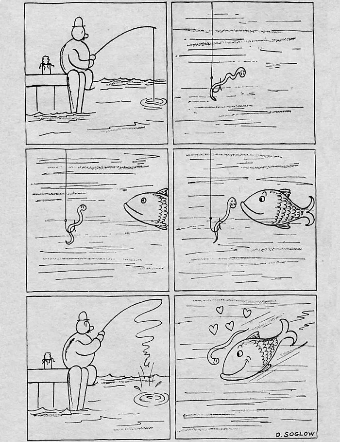 Comic strips showing a fish falling in love with a fishing worm in a fishing cartoon
