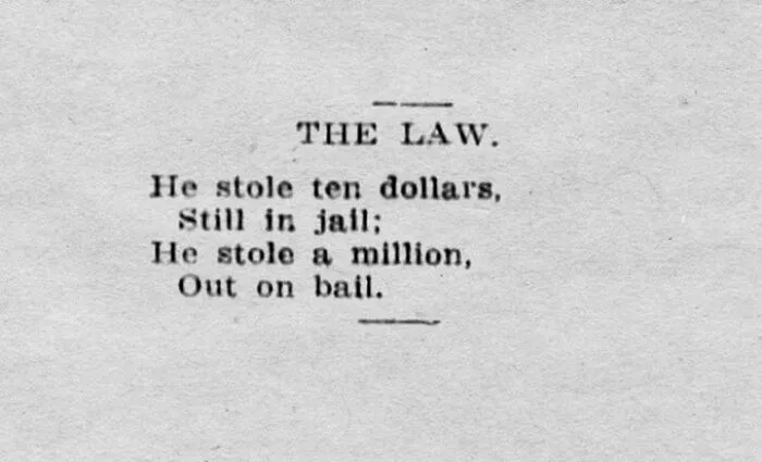 Old newspaper text titled The Law about stealing ten dollars versus a million