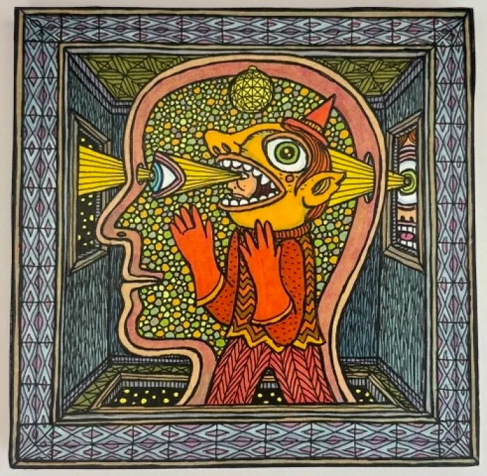 Theo Ellsworth artwork of a figure in a box with eyes projecting beams to the sides and a dotted background