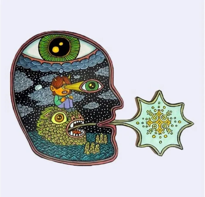 Colorful surreal face art with cosmic elements and a character projecting an eye, Theo Ellsworth style