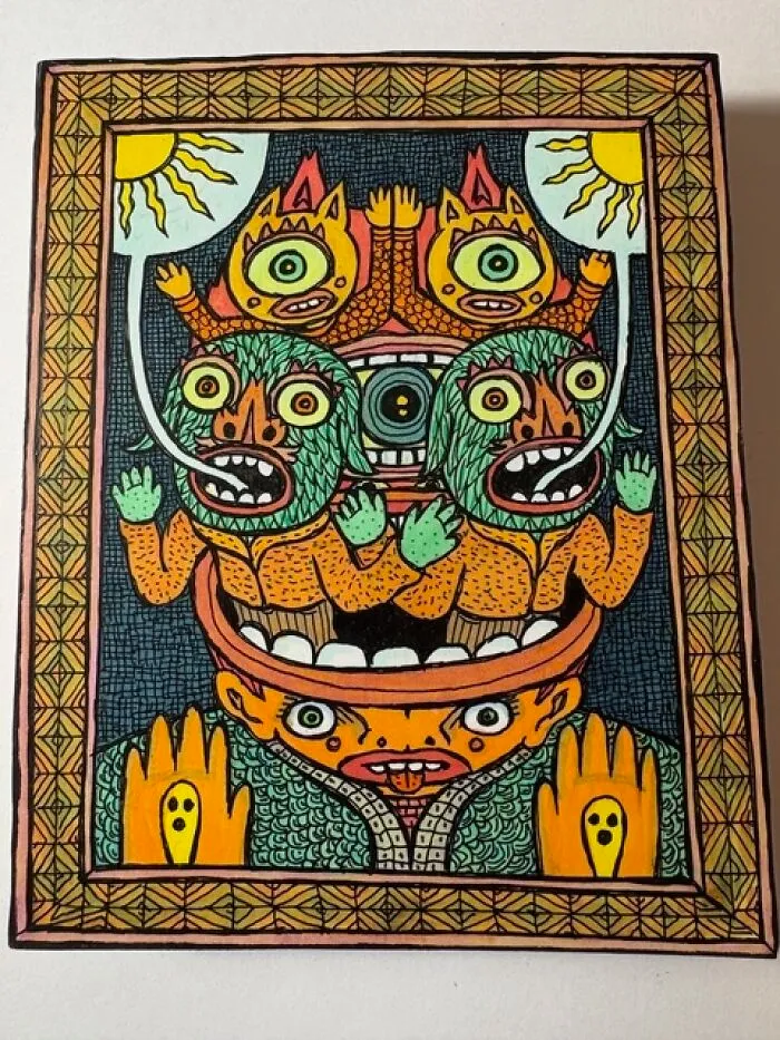 Theo Ellsworth colorful surreal creatures with eyes and mouths in intricate pattern
