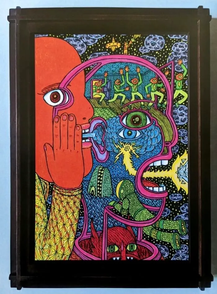 Theo Ellsworth psychedelic artwork with layered faces and vibrant colors in a black frame