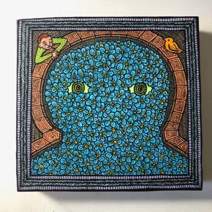Theo Ellsworth painting of a face made of blue flowers with a small person and bird