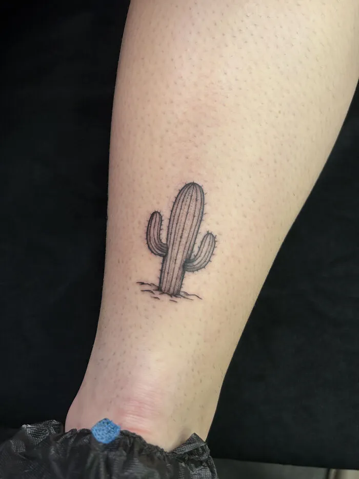 Small minimalist cactus tattoo on lower leg near ankle