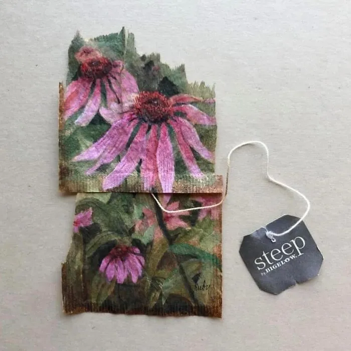 Pink coneflowers painted on used tea bags by artist Ruby Silvious