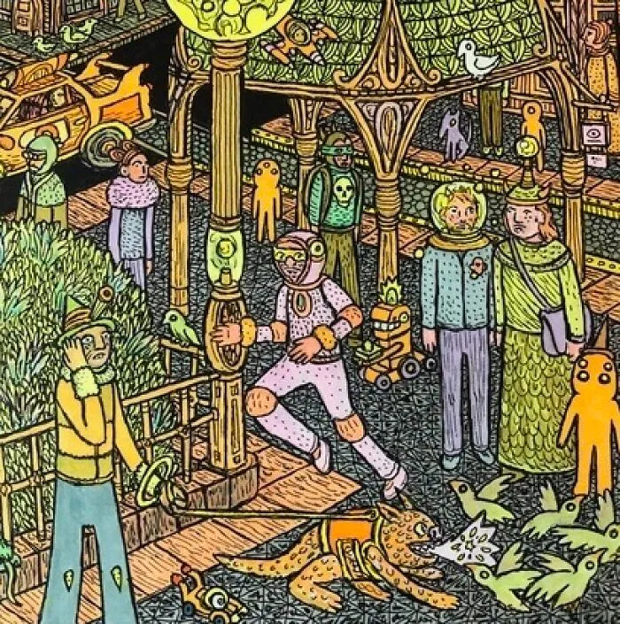 Theo Ellsworth artwork depicting whimsical characters in a detailed fantasy scene