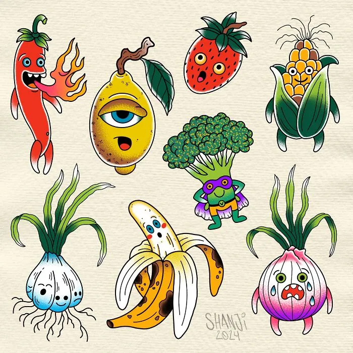 Cartoon vegetables with funny faces perfect for tattoo art designs