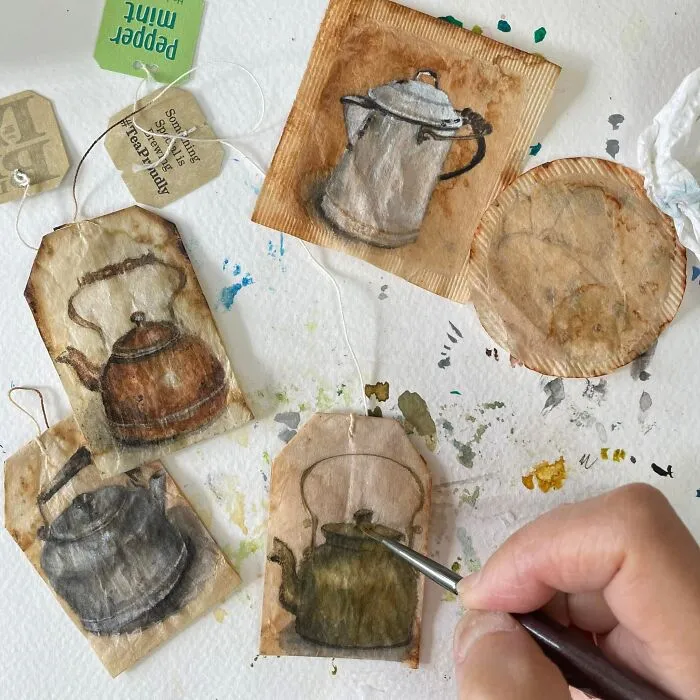 Teapots and kettles featured in delicate miniature paintings on used tea bags