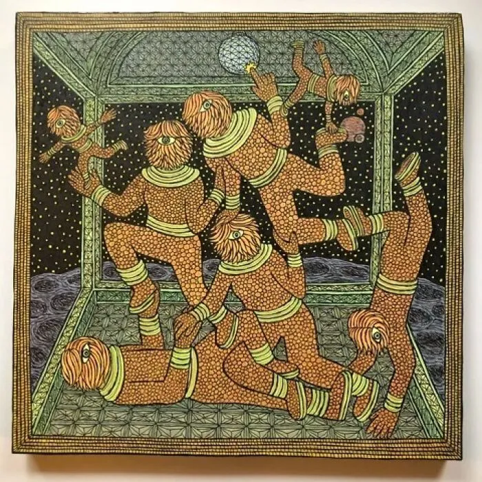 Theo Ellsworth painting of multiple orange figures with one eye each posing dynamically in a starry night setting
