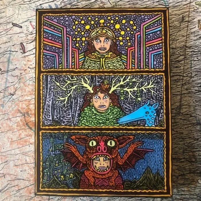 Theo Ellsworth art with three panels showing surreal figures and creatures in colorful patterns