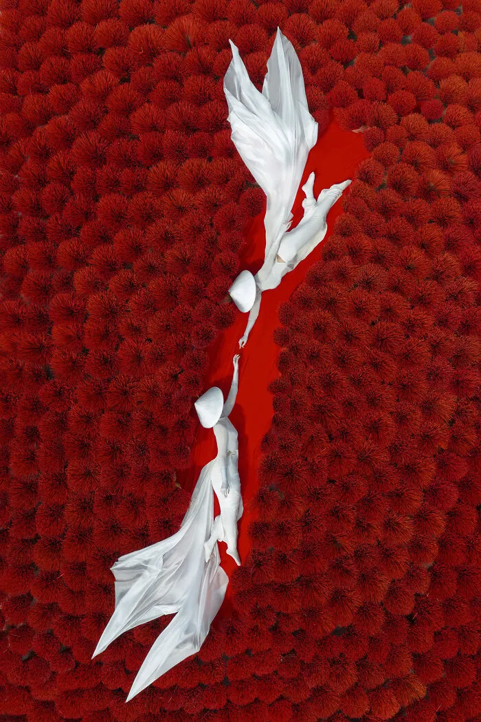 Surreal art expedition photo white robed figures reaching hands above dense red foliage