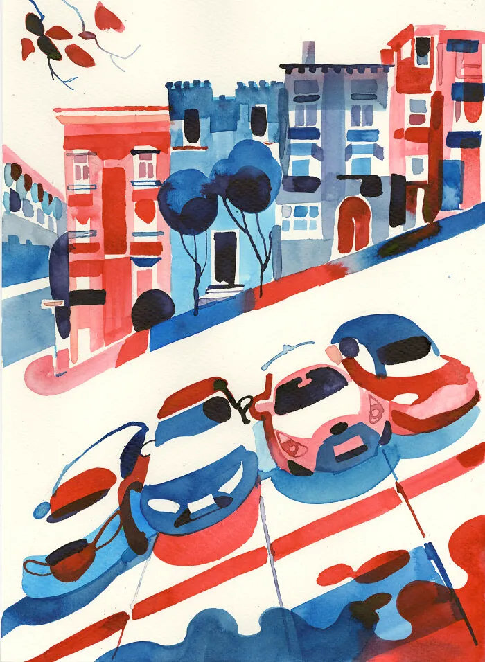 Watercolor illustration of colorful buildings and cars on a steep street, in Abstract Sunday style