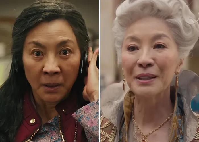 Michelle Yeoh in a golden-embroidered costume, in a debate on Hollywood's plastic surgery obsession