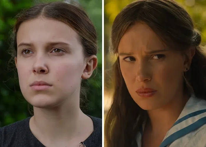 Millie Bobby Brown looking distressed in a film scene, illustrating Hollywood's plastic surgery obsession.