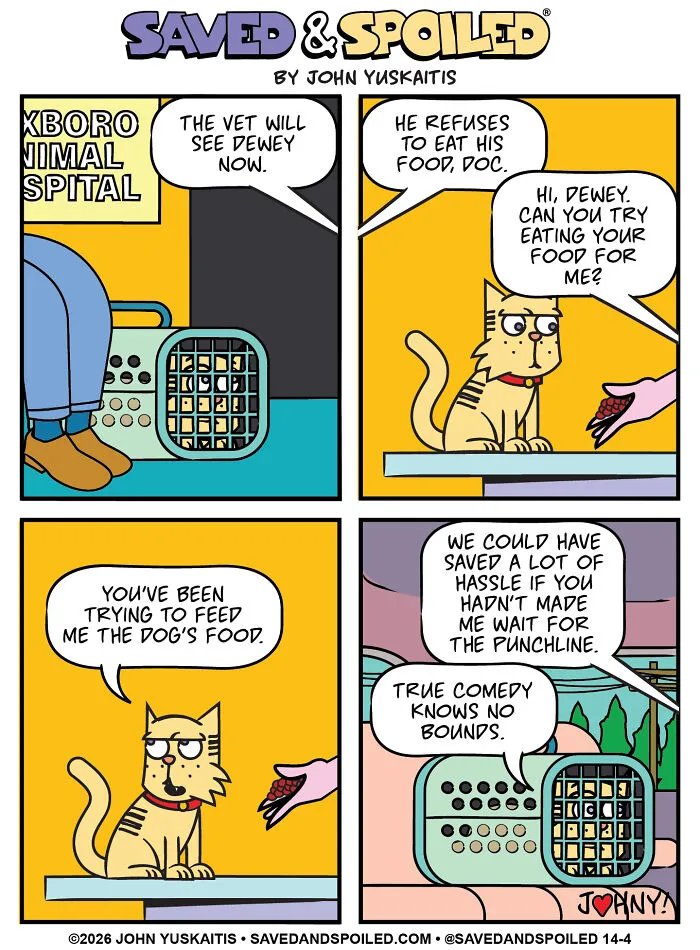 Cat refuses dog food at vet in humorous dog and cat comics