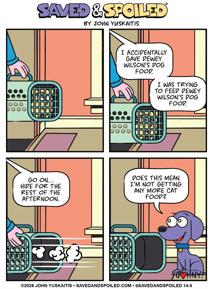 Dog reacts to being fed Dewey Wilson's dog food in funny pet comics